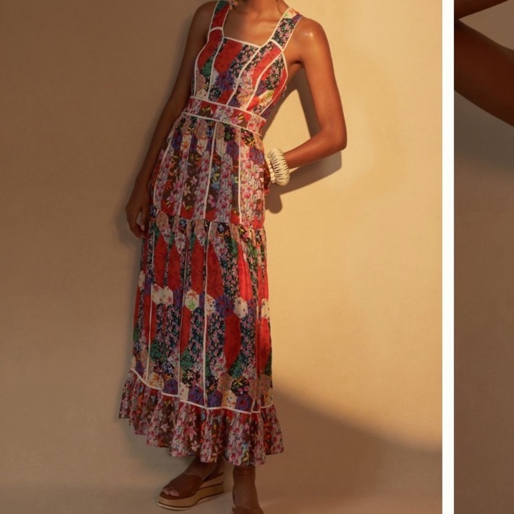 Anthropologie Floral Patchwork Maxi Dress in Red, Purple, Green - Picture 3 of 13